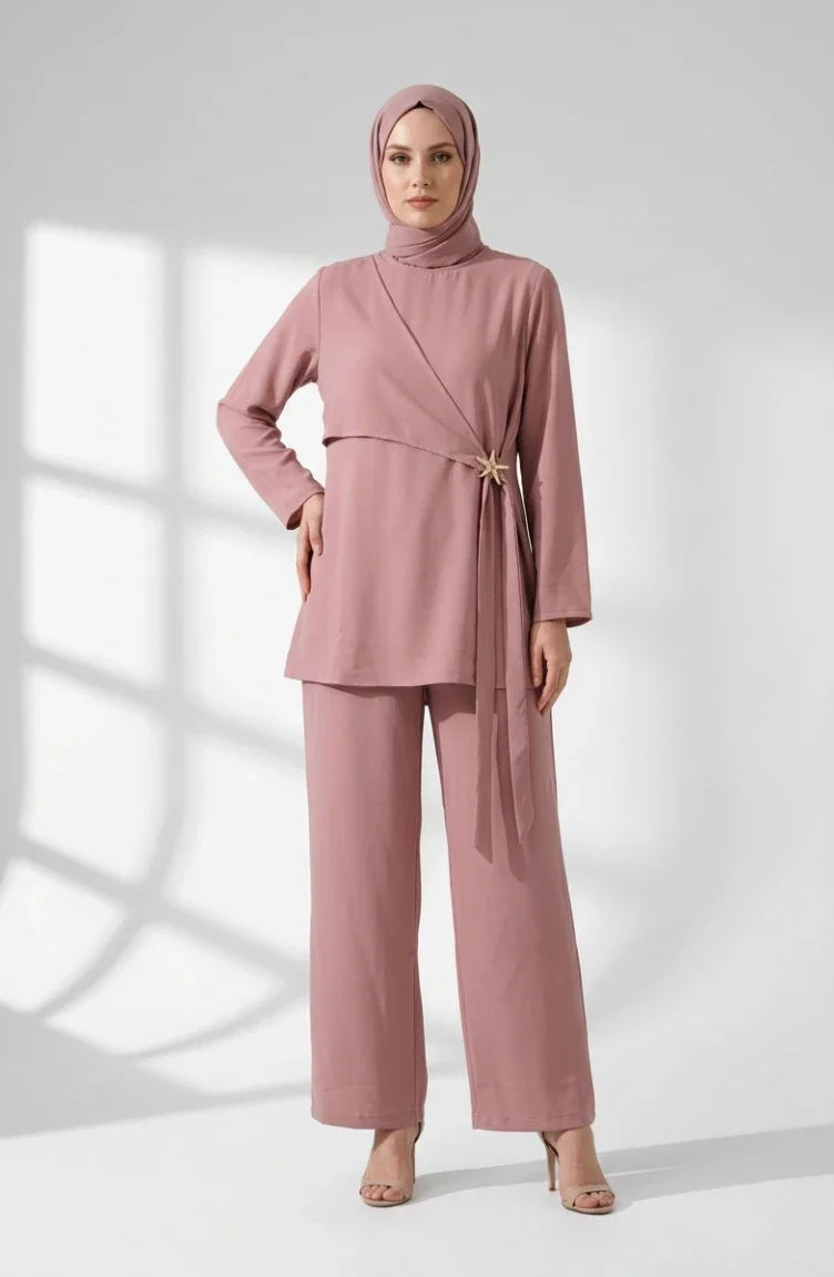 Yıldız Detaylı Tunik Pantolon Tesettür ikili Takım 0358-07 Gül Kurusu