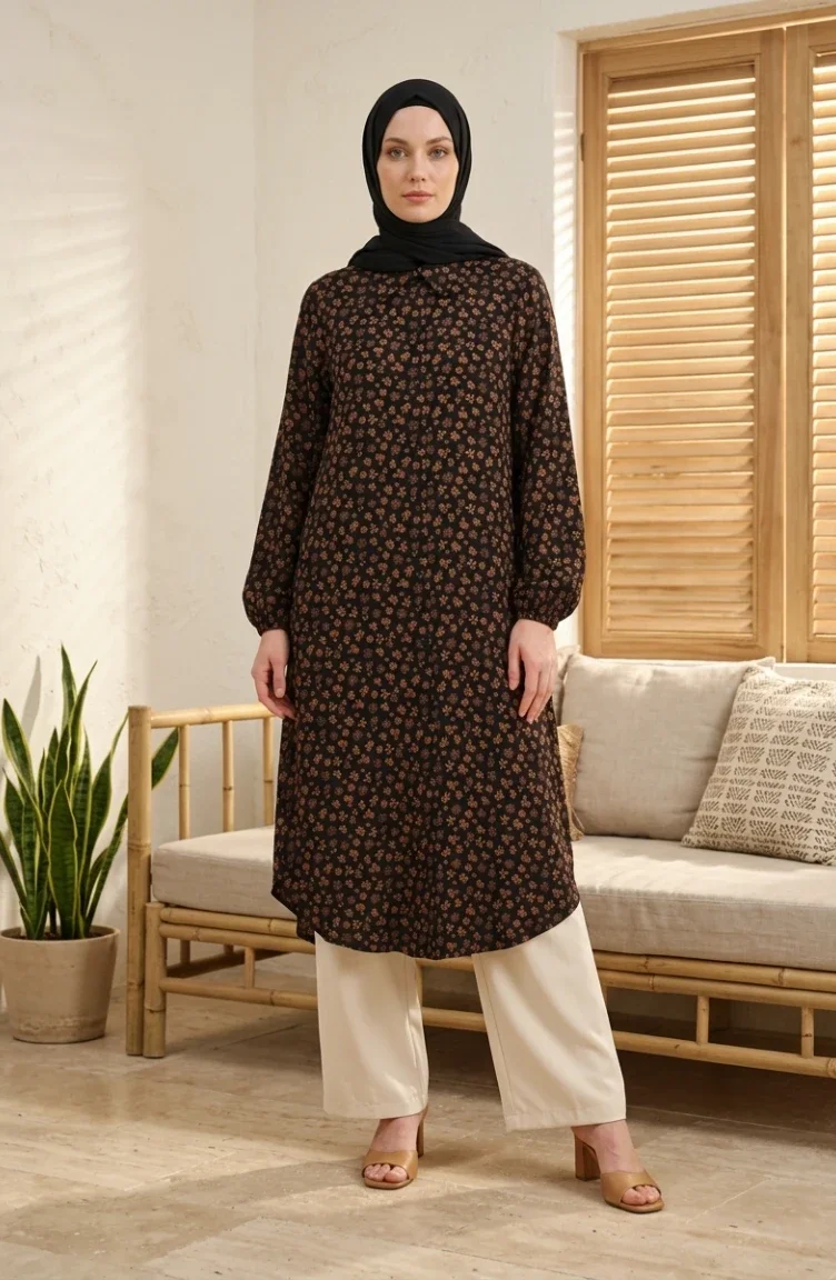 Boydan Düğmeli Çiçek Desenli Tunik 0356-07 Siyah