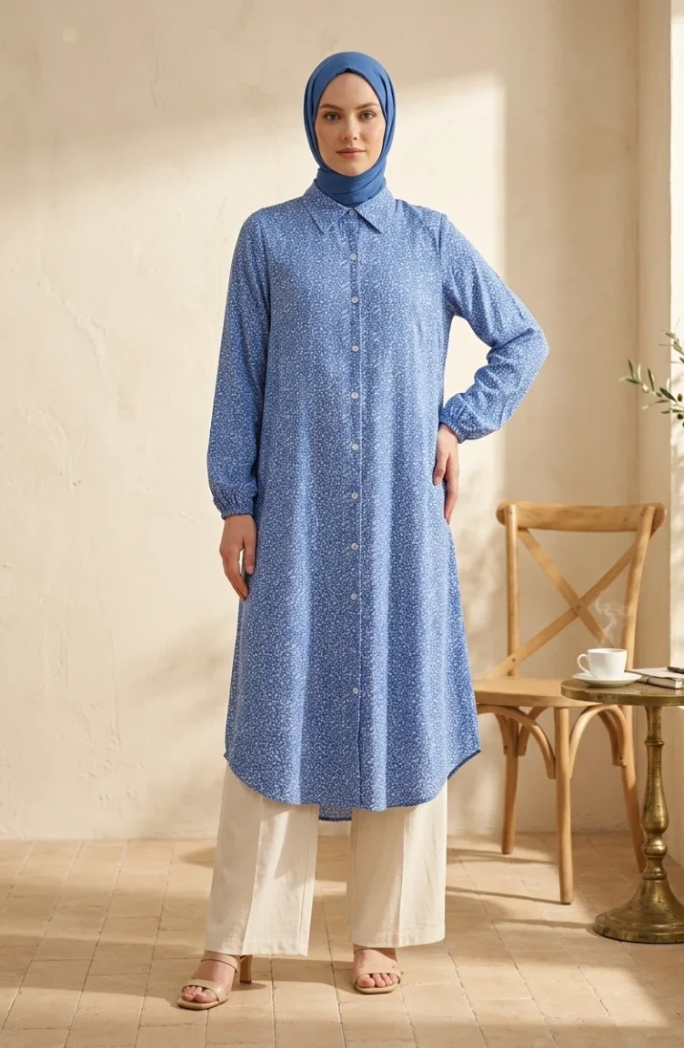 Çıtır Çiçekli Boydan Düğmeli Viskon Tunik 0376-03 Saks