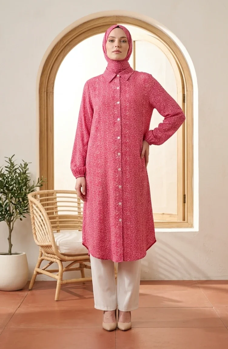 Çıtır Çiçekli Boydan Düğmeli Viskon Tunik 0376-01 Pembe