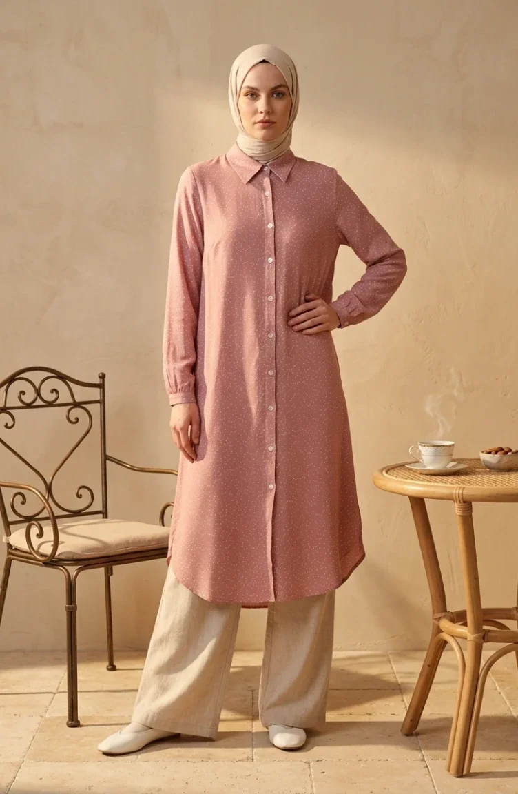 Gömlek Yaka Boydan Düğmeli Puantiyeli Tunik 0379-01 Pudra