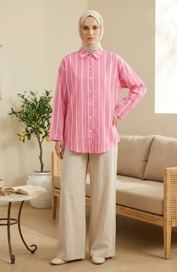 Gömlek Yaka Dikey Çizgili Keten Tunik 0368-08 Pembe Beyaz