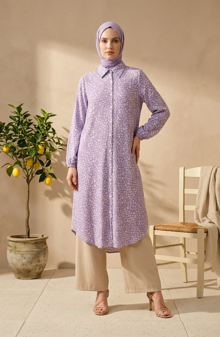 Çiçek Desenli Boydan Düğmeli Viskon Tunik 0373-03 Lila