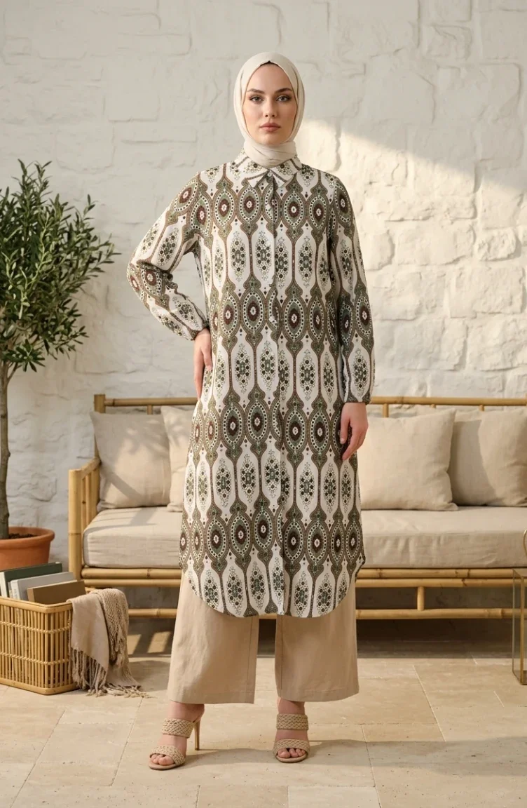 Etnik Desenli Boydan Düğmeli Keten Tunik 0371-04 Haki