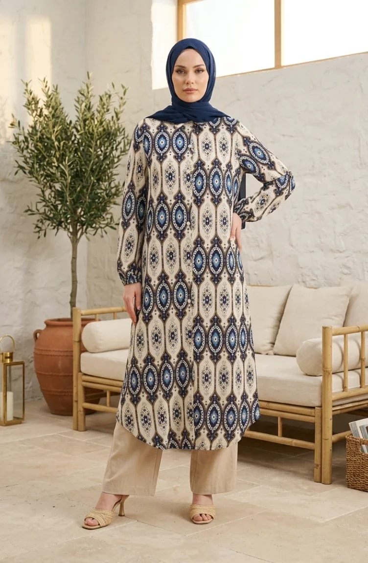 Etnik Desenli Boydan Düğmeli Keten Tunik 0371-03 Lacivert