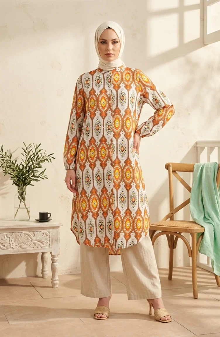 Etnik Desenli Boydan Düğmeli Keten Tunik 0371-01 Oranj