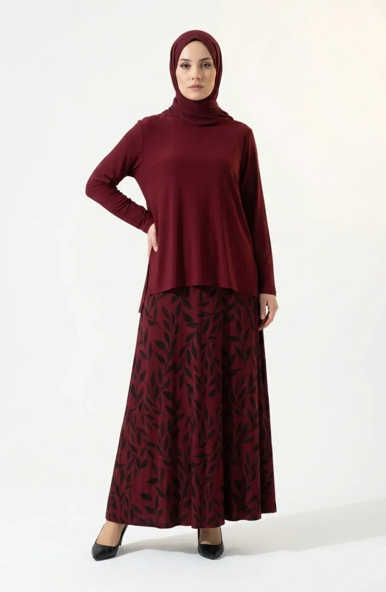 Sandy Kumaş Bluz Etek ikili Tesettür Takım 5582-06 Bordo