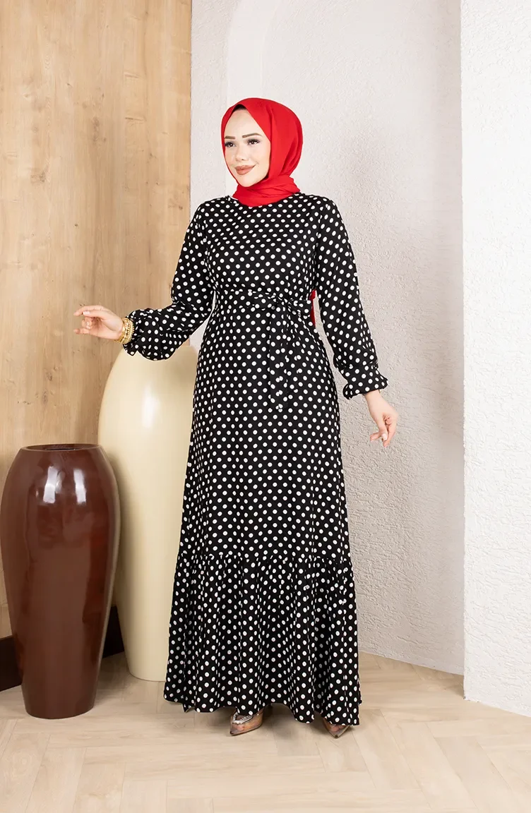 Viskon Kumaş Puantiyeli Kuşaklı Tesettür Elbise 0921-04 Siyah