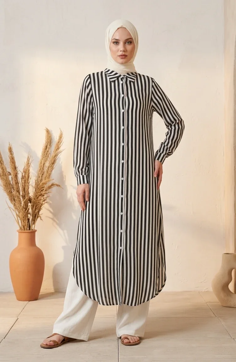 Gömlek Yaka Çizgili Düğmeli Keten Tunik 0332-03 Siyah